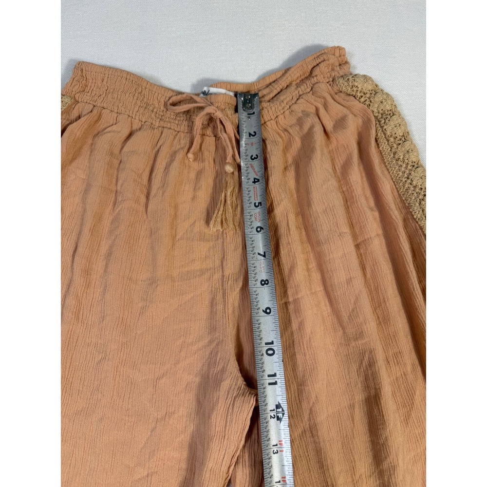 Salty Lemon Women Tan Crinkle Rayon 2 Piece Set Smocked Top Wide Leg Pants L - Picture 12 of 13